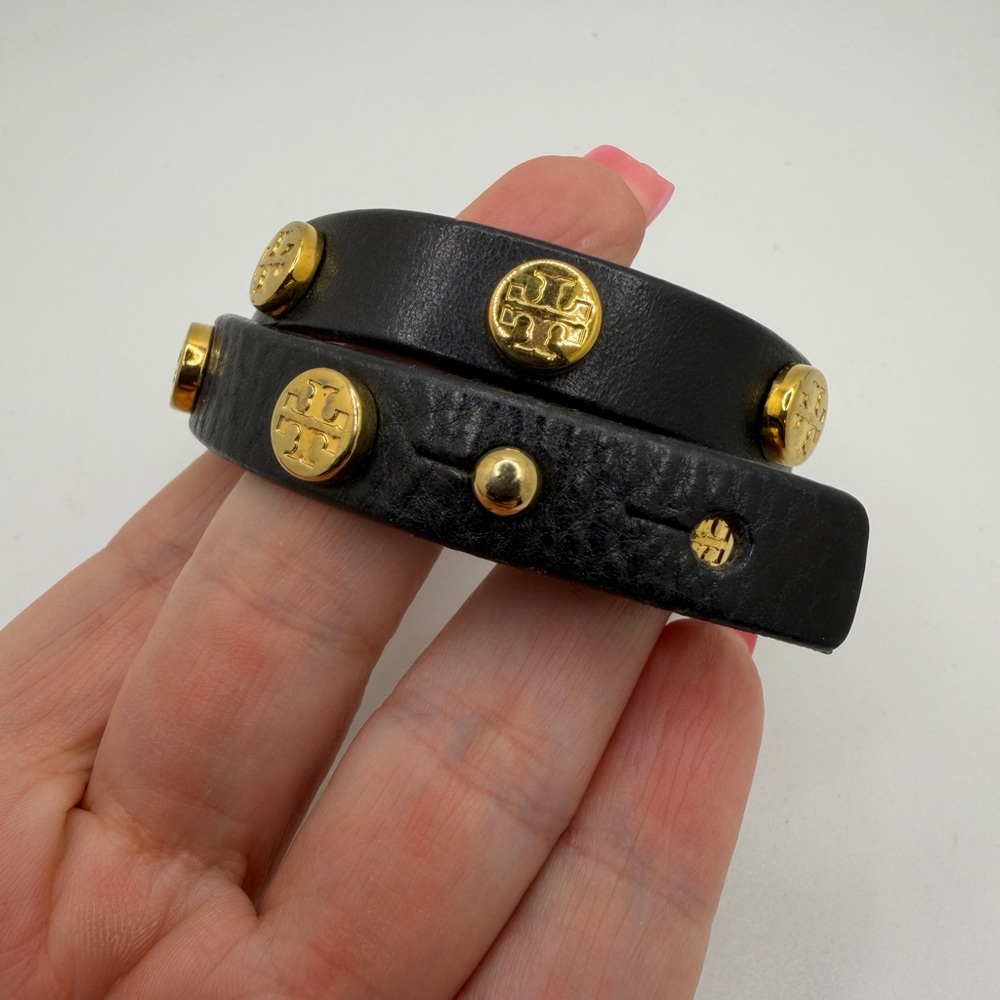 Tory Burch black leather and gold tone studded double wrap bracelet! - Picture 9 of 11